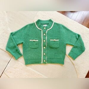 Urban Revivo Green Boucle Wool Cardigan Sweater Gold Pearl Buttons Pockets 4 6 M